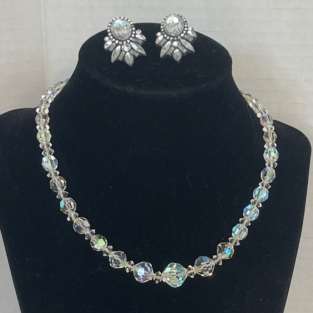 Vtg 50s Crystal AB Faceted Choker Necklace Earring Set Graduated Iridescent Bead
